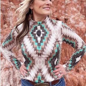 🤎🤍Western Aztec Turquoise Neutral Urban Ribbed Sterling Kreek Winding Road Top